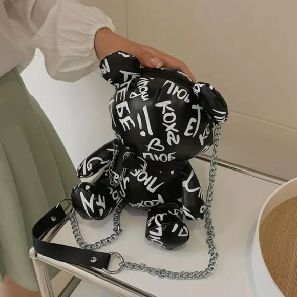 Letter Print Bear Doll Shape Shoulder Bag, Zipper FauxLeather Buckled Chain Cr - Picture 13 of 13